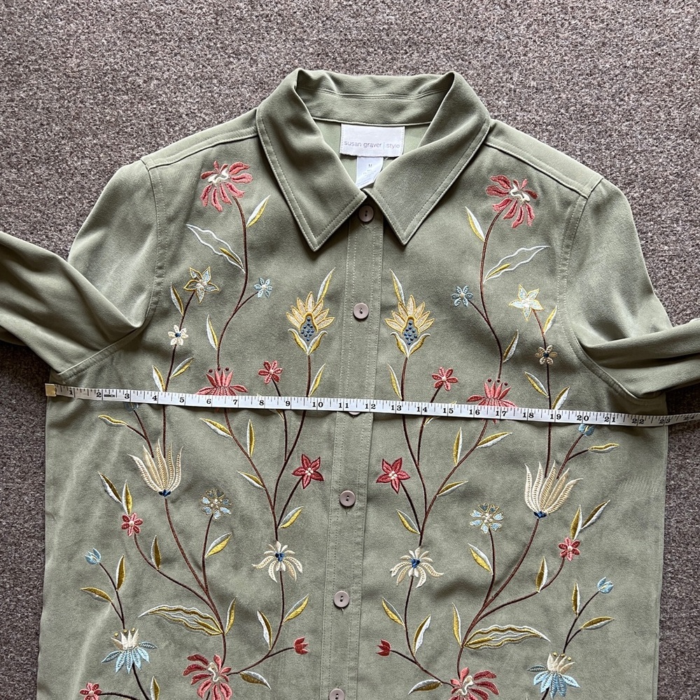 Susan Graver Embroidered Floral Faux Suede Button Up Shirt Jacket Green Size M - Picture 14 of 15